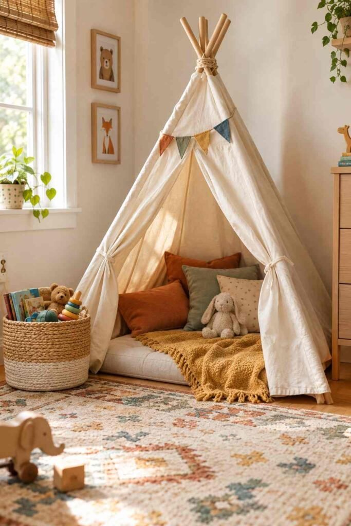 Indoor cotton teepee over a low floor mattress in a toddler bedroom.