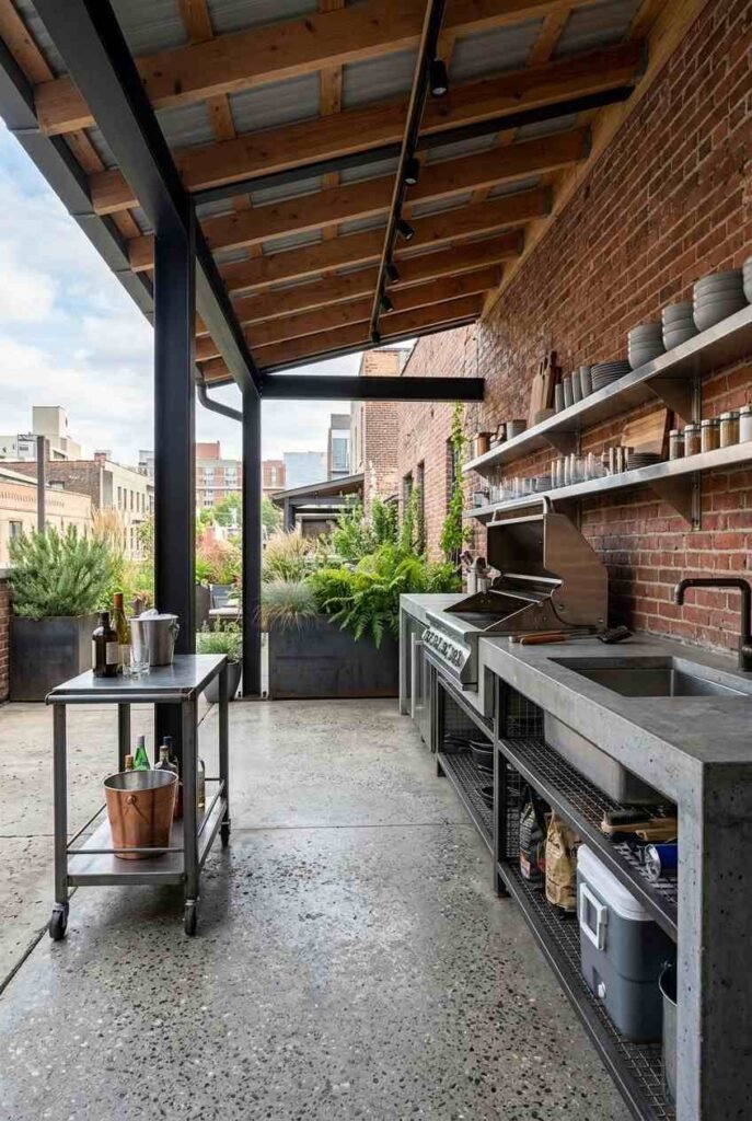 Semi-Outdoor Kitchen Ideas: 30 Covered Designs for Patios, Porches, and Balconies 16 Industrial outdoor kitchen with concrete counters, stainless shelves, and a brick wall