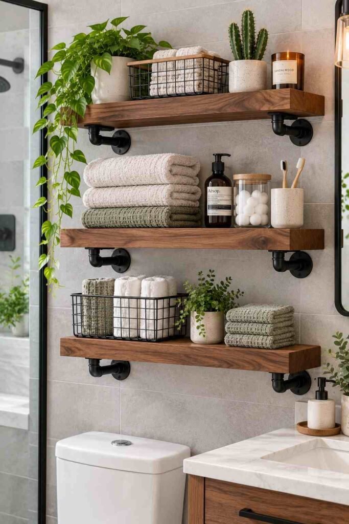 Industrial bathroom shelves made of walnut planks and black iron pipe brackets.