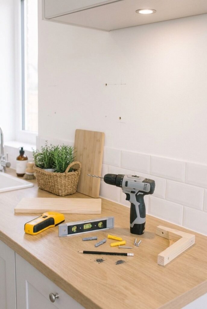 Stud finder, level, drill, and wall anchors laid out beside a shelf bracket before installation