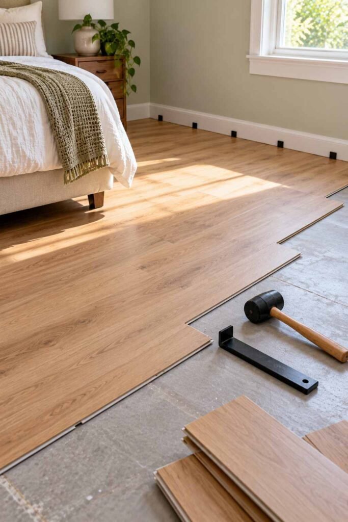 Partially installed luxury vinyl plank flooring with spacers and tools in a bedroom.