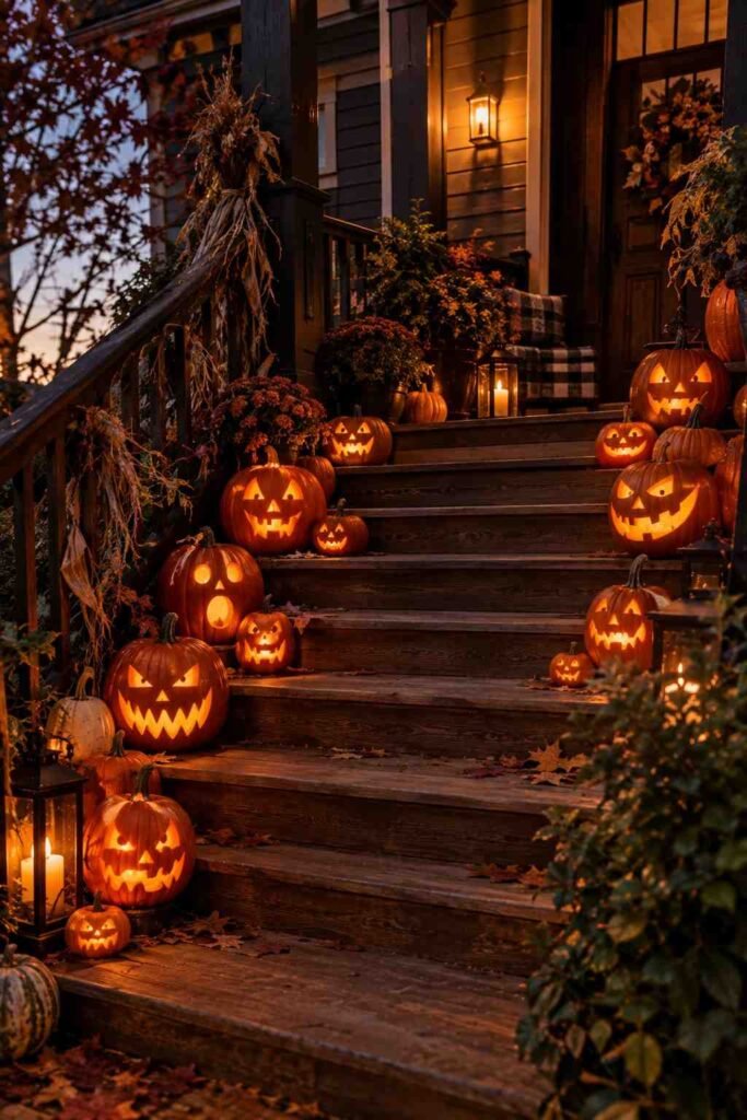 Porch steps lined with glowing carved jack-o’-lanterns of different sizes.