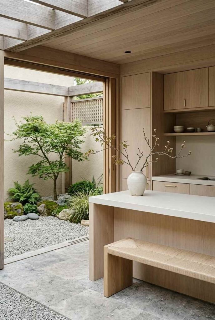 Semi-Outdoor Kitchen Ideas: 30 Covered Designs for Patios, Porches, and Balconies 15 Minimal Japandi covered kitchen with pale wood cabinets and a view of a gravel garden