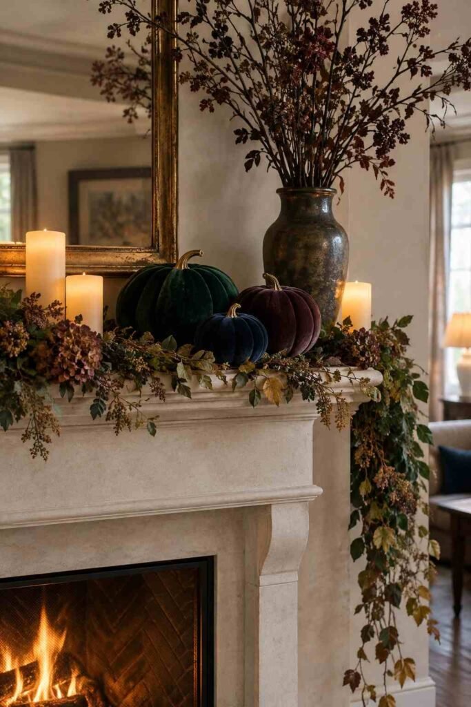 28 Halloween Mantel Decor Ideas: Spooky, Elegant and Family-Friendly Styles 9 Emerald and plum velvet pumpkins beside dark branches on a mantel.