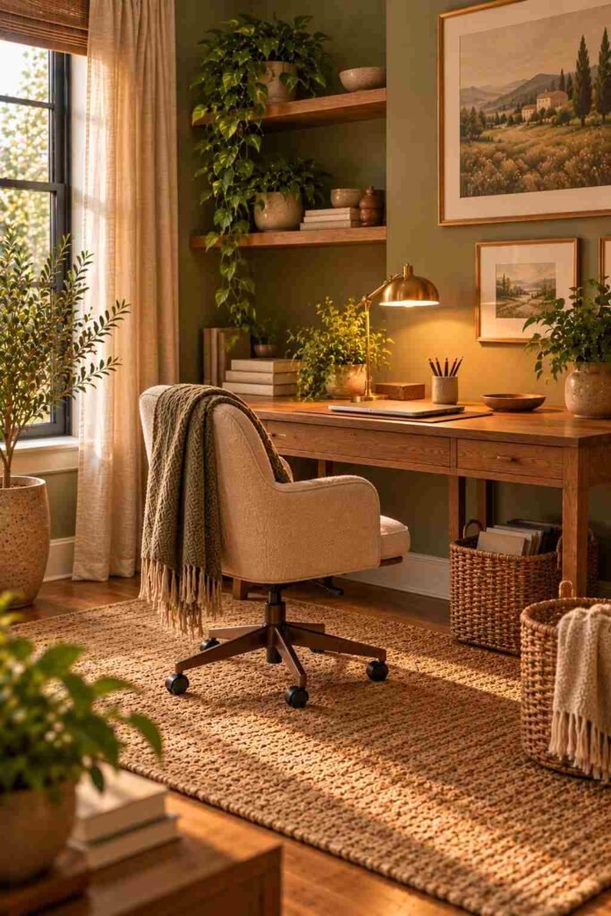 Jute rug and woven storage baskets in a cozy home office