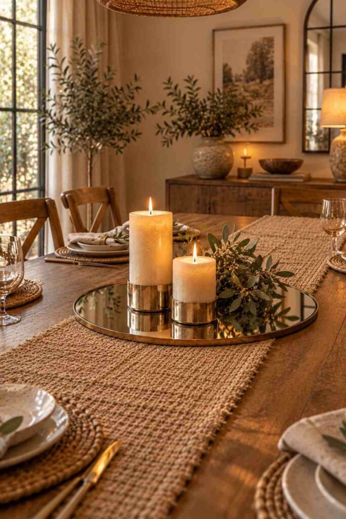 Jute table runner with a round mirror centerpiece, candles, and greenery.