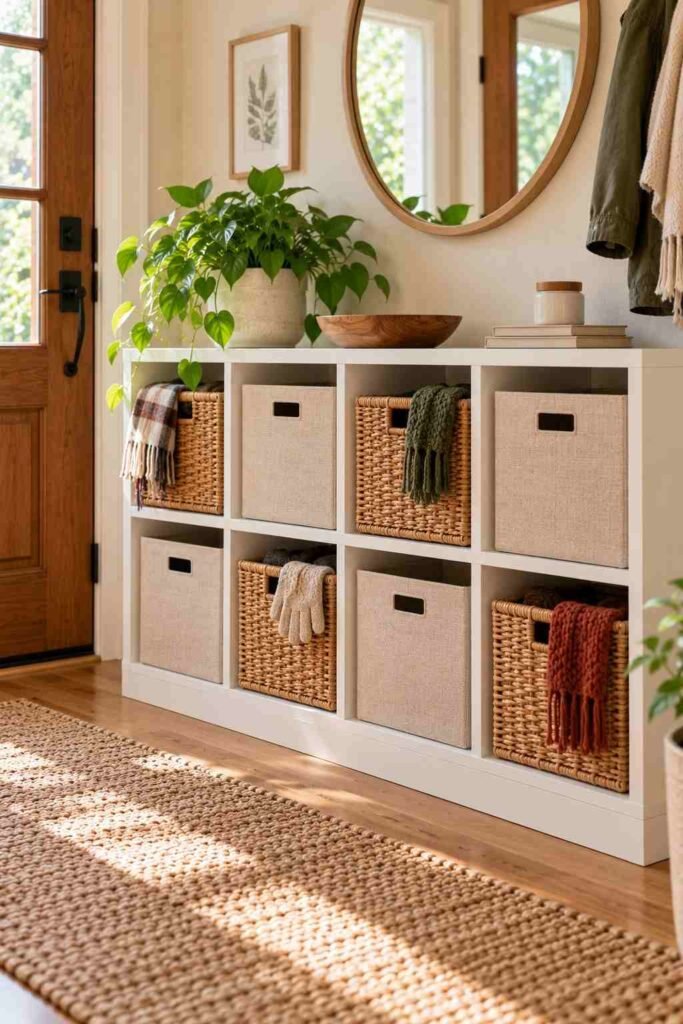 White Kallax shelf filled with woven baskets and fabric boxes hiding scarves and gloves in an entryway.