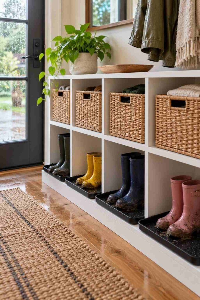 Kallax cube shelf with rubber boot trays in the bottom cubes holding wet rain boots.