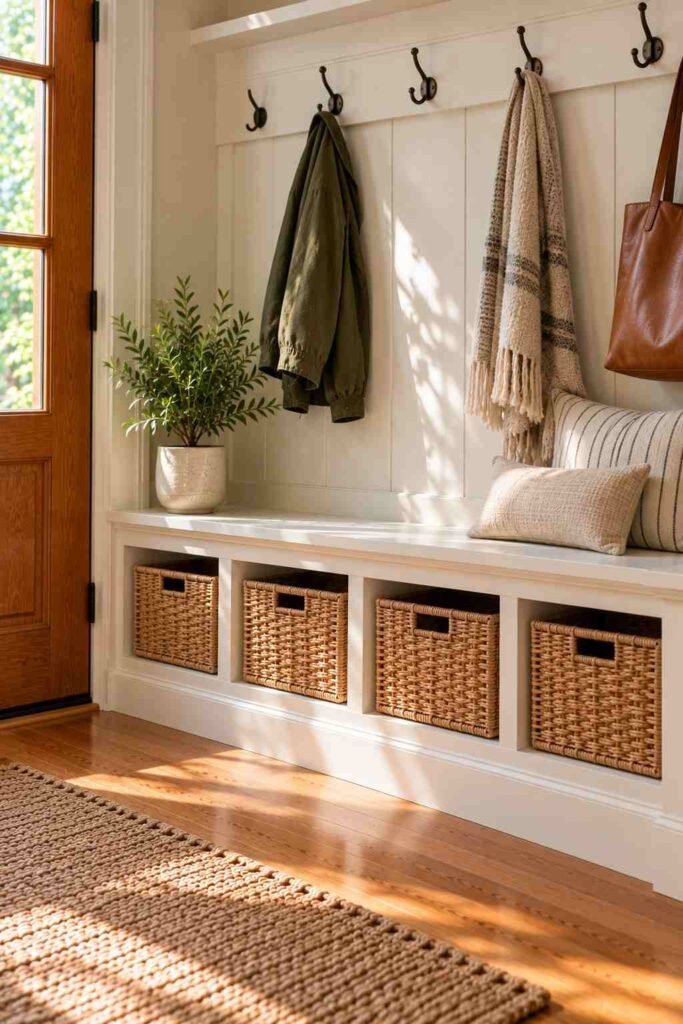Kallax unit framed with wood trim and a seat board, painted one color to look like a built-in entryway bench.