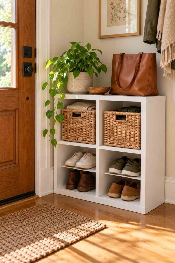 Small 2x2 Kallax unit in an entryway corner holding shoes and a tote bag beside the front door.