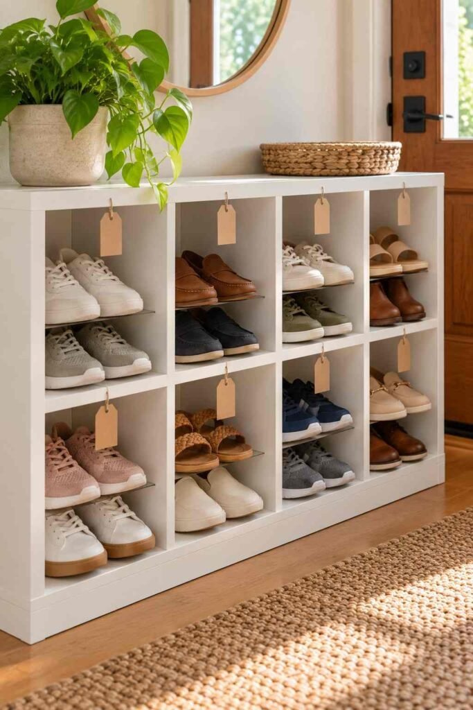 White Kallax cube shelf used as a shoe rack with two pairs of shoes in each opening.
