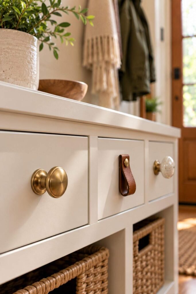 Close-up of Kallax drawer inserts with brass, leather and ceramic knobs for an entryway upgrade.
