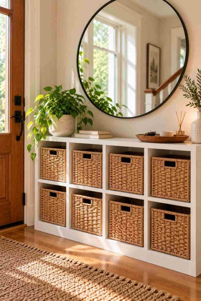 Large round mirror hung above a white Kallax entryway shelf with baskets and a small plant.