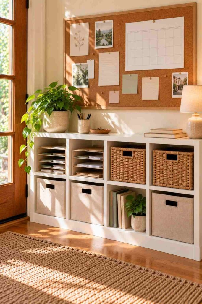 Corkboard above a white Kallax unit with mail trays, forming a family command center by the front door.