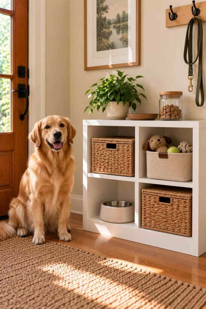 Kallax cube with a lidded box, leash and treats for dog walks, with a golden retriever sitting nearby.