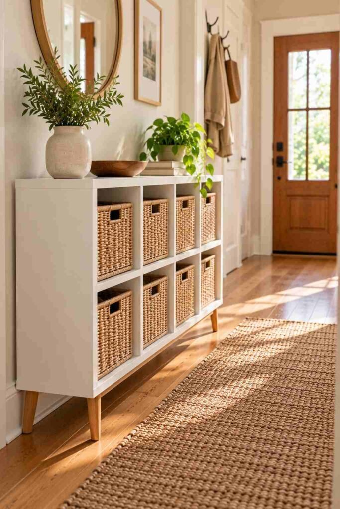 Kallax cube shelf raised on tapered oak legs, showing floor underneath in a small hallway.