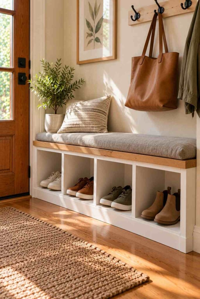 DIY Kallax shoe bench with oak plank top and linen cushion, with shoes stored in the cubes below.