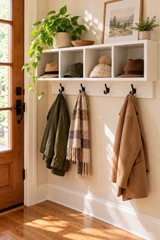 Wall-mounted Kallax shelf with black coat hooks screwed underneath and hats stored in the cubes.