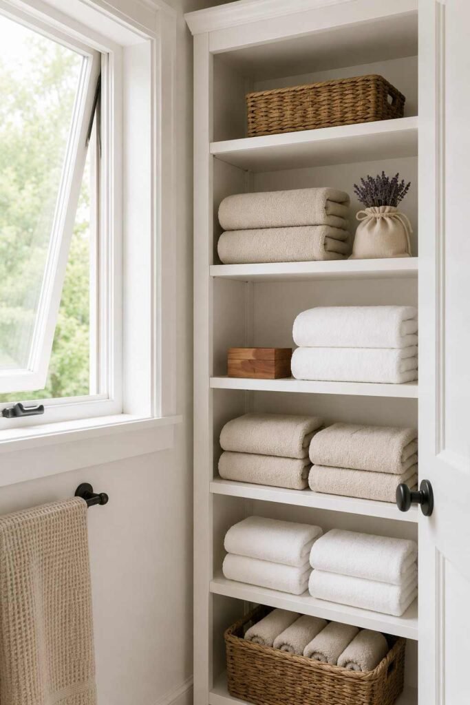 27 Bathroom Storage Ideas For Towels That Fit Into Tiny Powder Rooms to Primary Baths 20 Open linen cabinet with folded towels, dried lavender, and a cedar block.