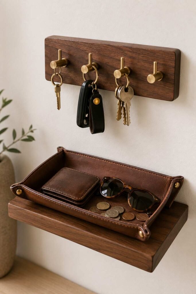 30 Smart Entryway Organization Wall Ideas: for Hooks, Shelves & Storage 15 Walnut key hook board with brass hooks and a tray holding a wallet and sunglasses