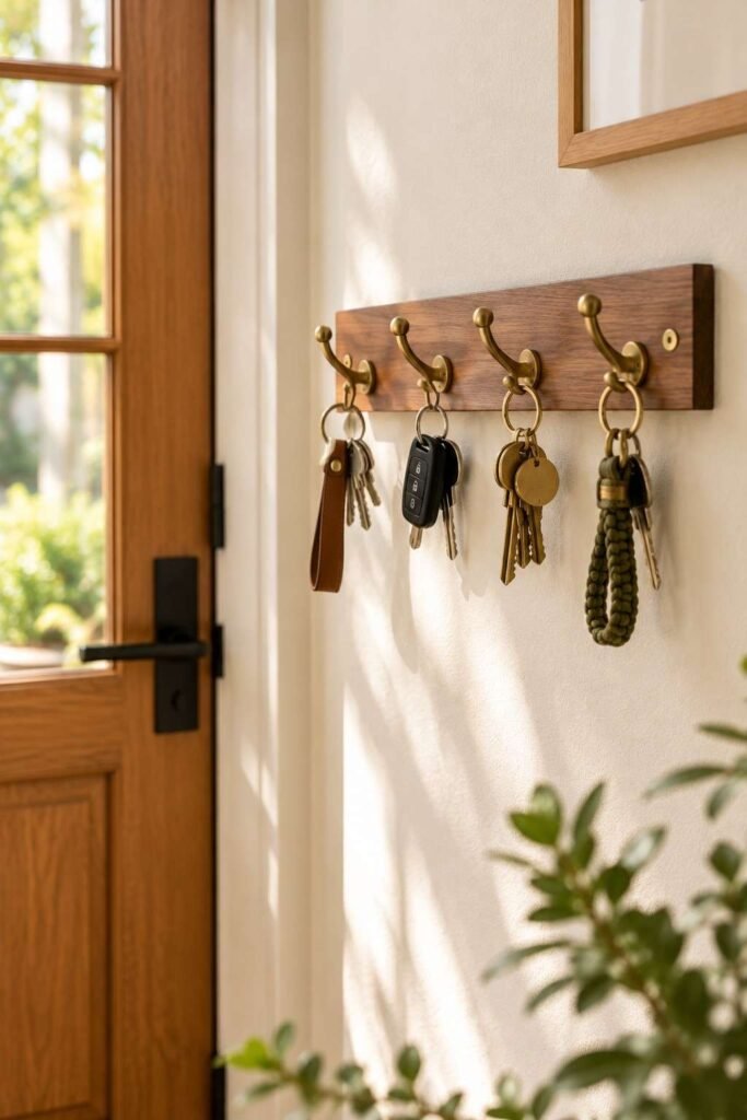 Wooden key rack with four hooks and keys mounted at eye level beside the front door.