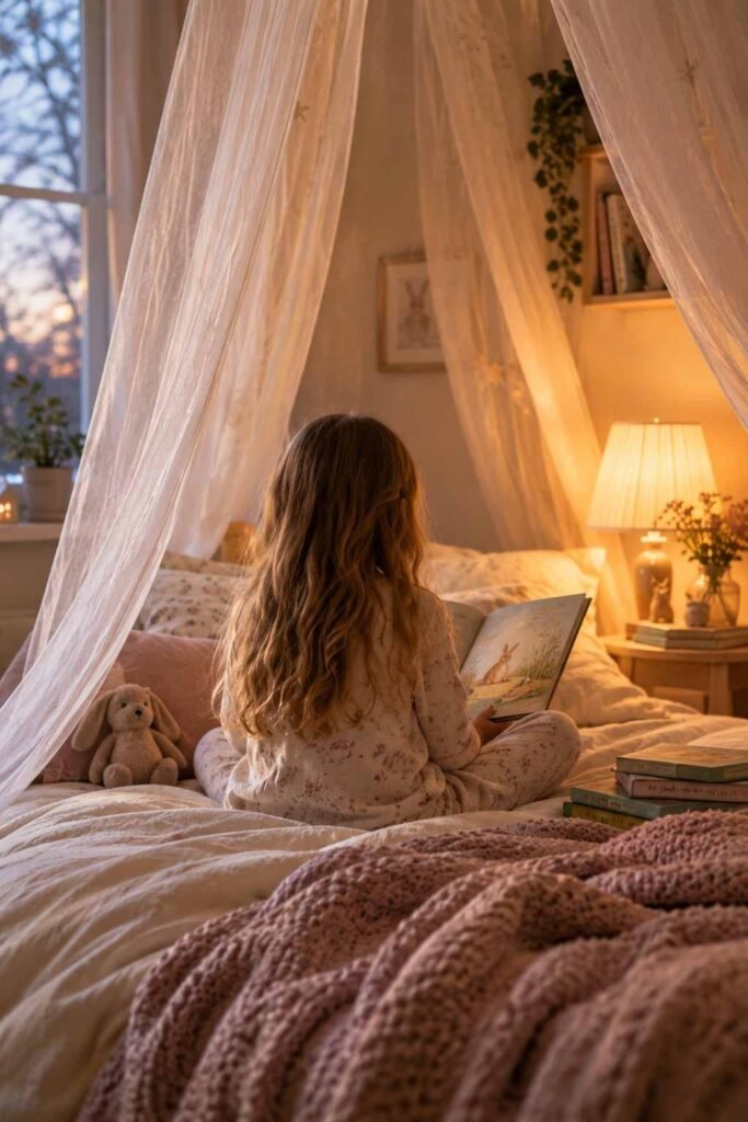 Child reading a book on a bed under a sheer white canopy in a cozy bedroom.