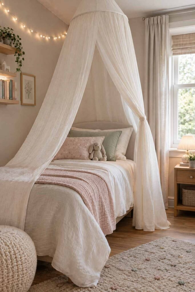 Kids canopy bed with one side open for airflow and lights kept away from fabric.