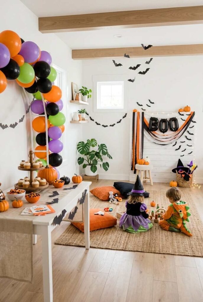 Family room arranged in zones for a kids’ Halloween party, with treat table, play area and photo corner.