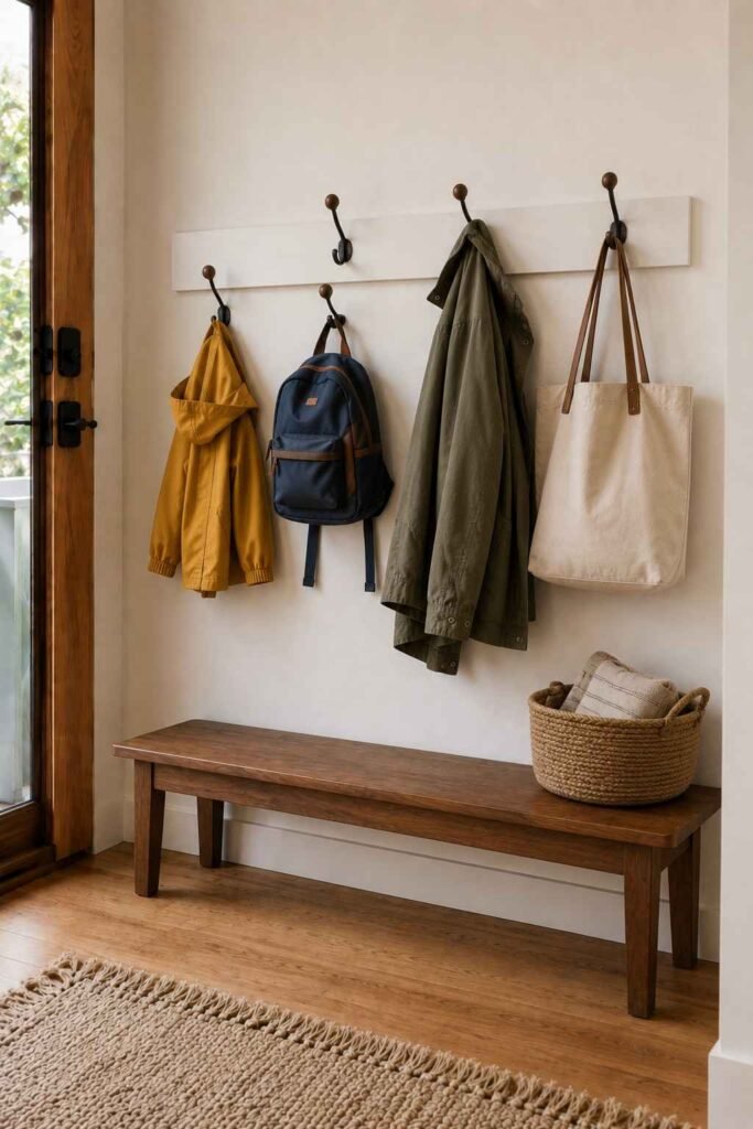 30 Smart Entryway Organization Wall Ideas: for Hooks, Shelves & Storage 7 Staggered low and high coat hooks on one board with a child's raincoat and adult jacket