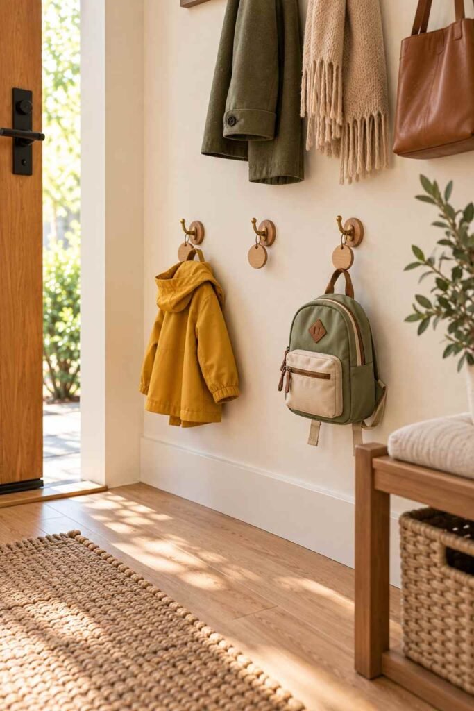 Low wall hooks with name tags holding a child’s raincoat and backpack below an adult hook row.
