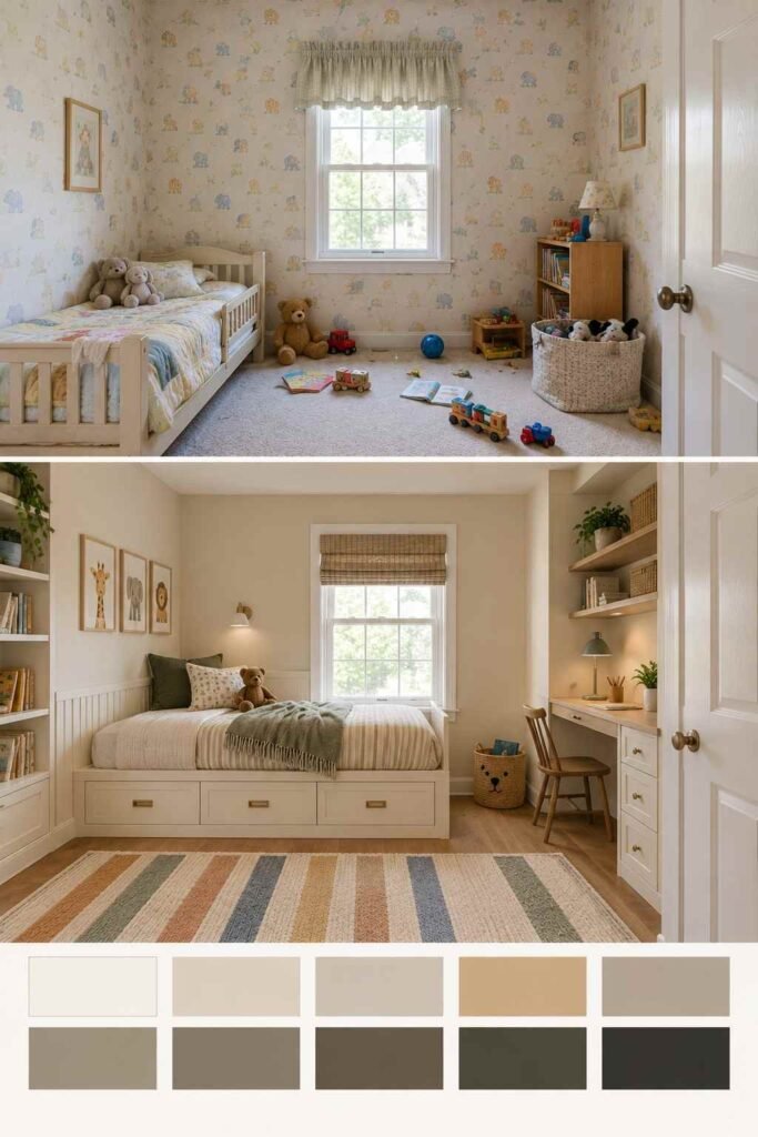 Home Remodeling Before and After: 28 Room-by-Room Transformations 14 Kids' room before and after a neutral makeover with a built-in bed and desk nook.
