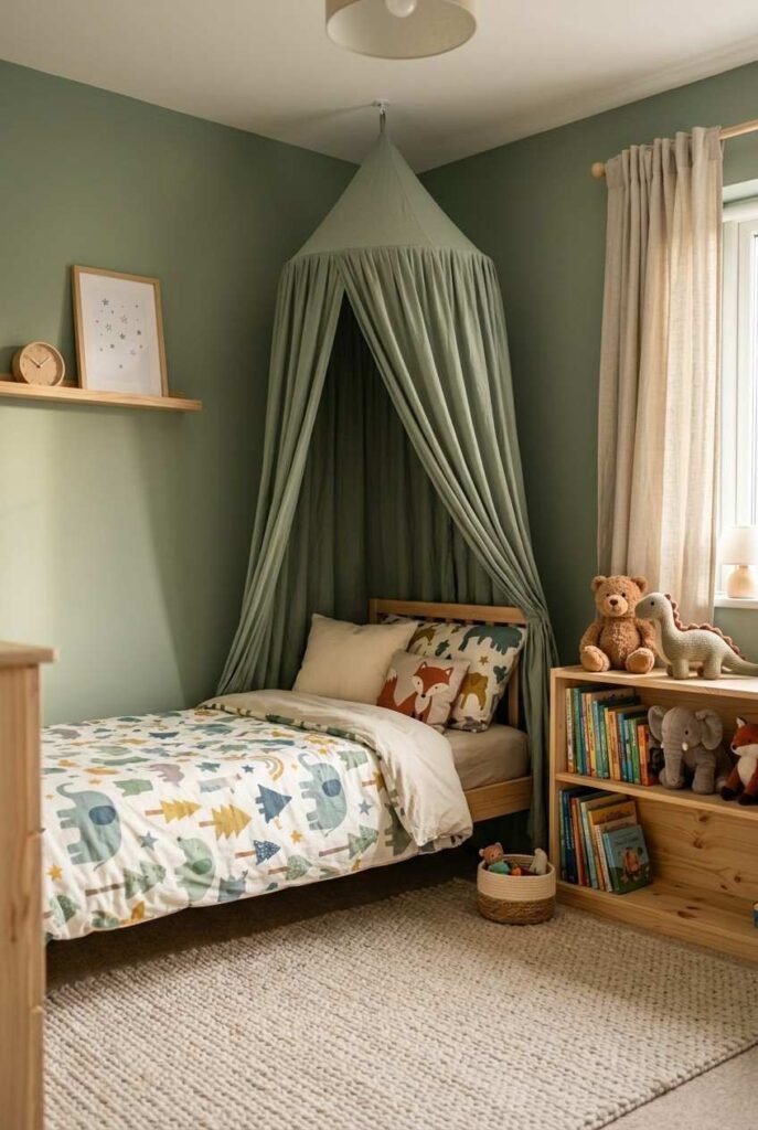 Child's reading nook with a securely fixed sage canopy over a twin bed.