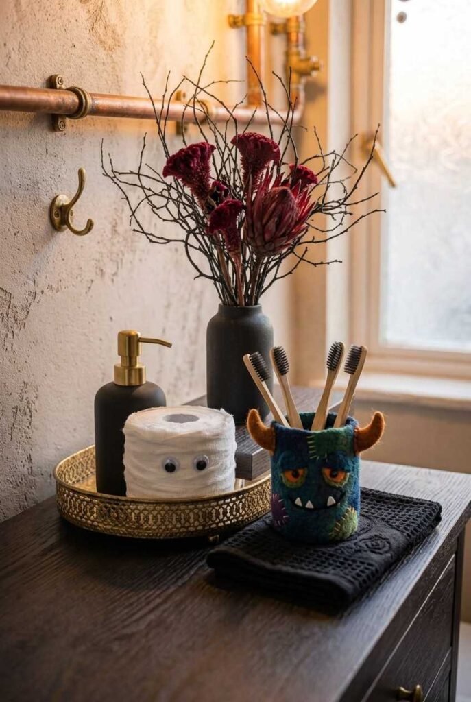 Toilet paper mummy and monster toothbrush holder as kid-friendly Halloween bathroom decor