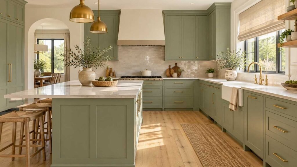 kitchen cabinet color ideas wood floor, Sage green kitchen cabinets with blonde oak floors, brass hardware