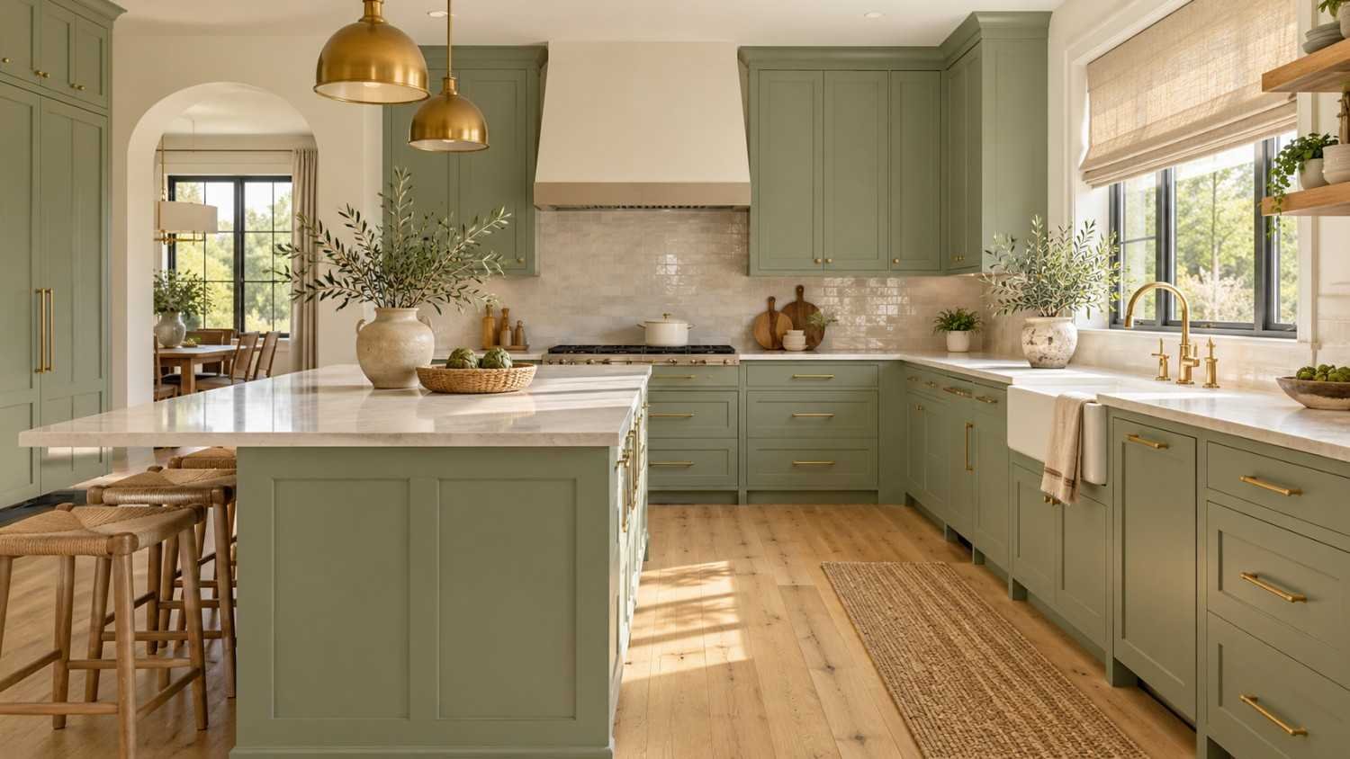 kitchen cabinet color ideas wood floor, Sage green kitchen cabinets with blonde oak floors, brass hardware
