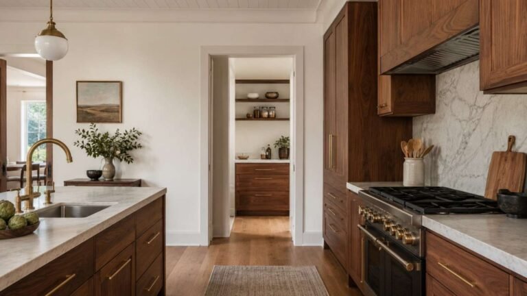 kitchen cabinet ideas wood, Bright kitchen with warm walnut cabinets and brass hardware