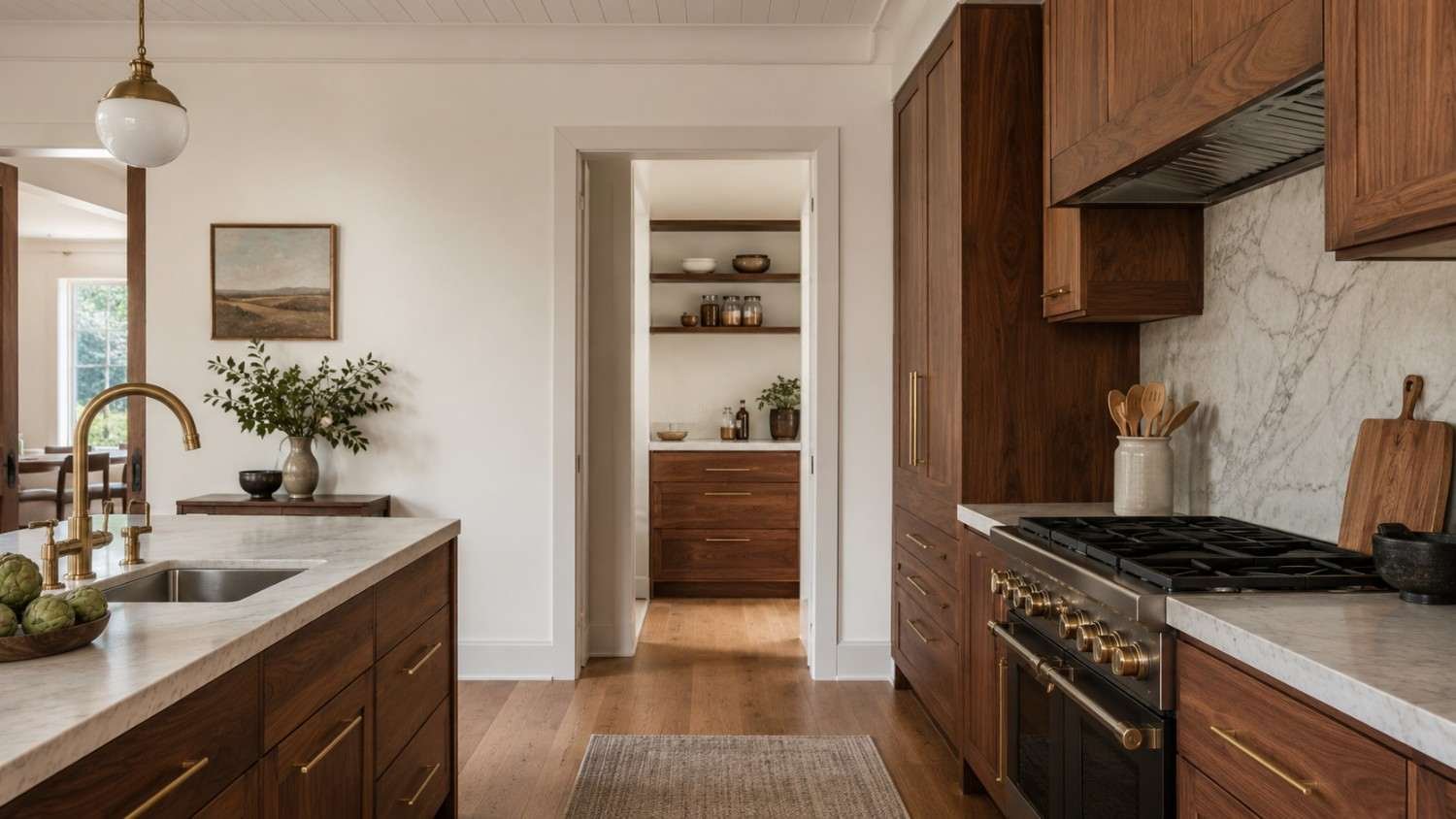 kitchen cabinet ideas wood, Bright kitchen with warm walnut cabinets and brass hardware