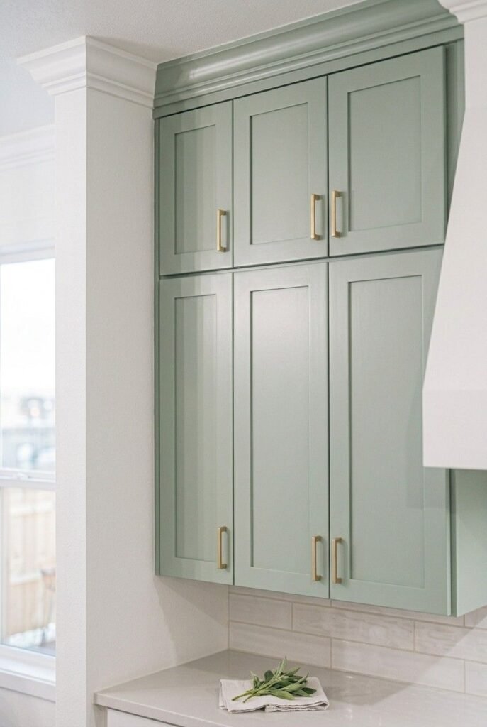 Sage green kitchen cabinets extended to the ceiling with brass pulls.