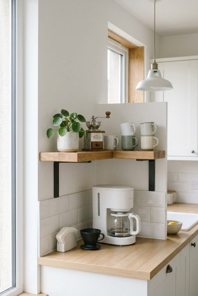Corner wood shelves with mugs and a coffee grinder above a kitchen coffee station
