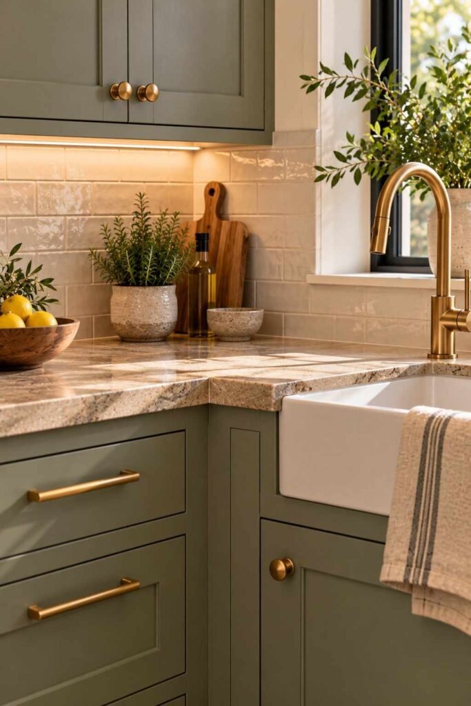 Brass cabinet pulls and under-cabinet lighting above a stone countertop.