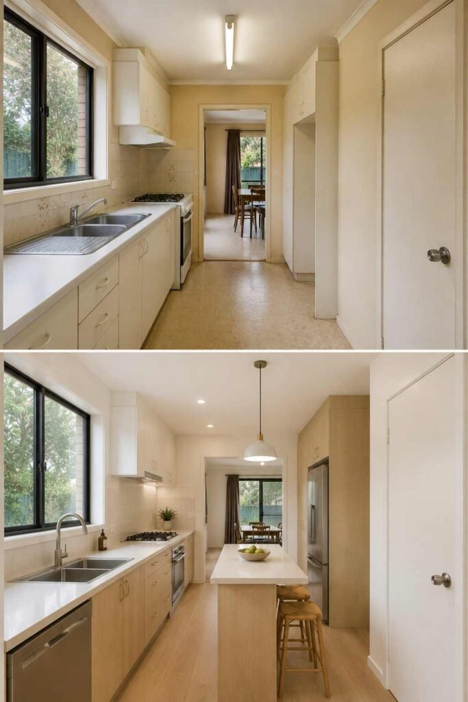 Home Remodeling Before and After: 28 Room-by-Room Transformations 4 Narrow kitchen before and after adding a slim island with seating and extra prep space.