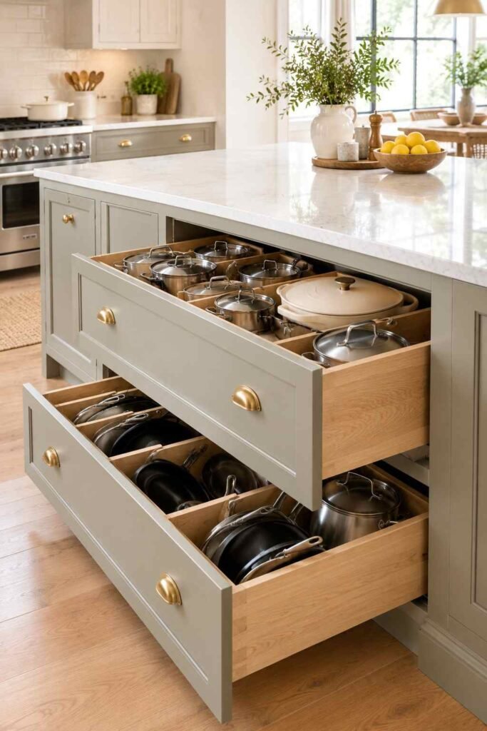 Kitchen island with deep drawers open showing organized pots and pans