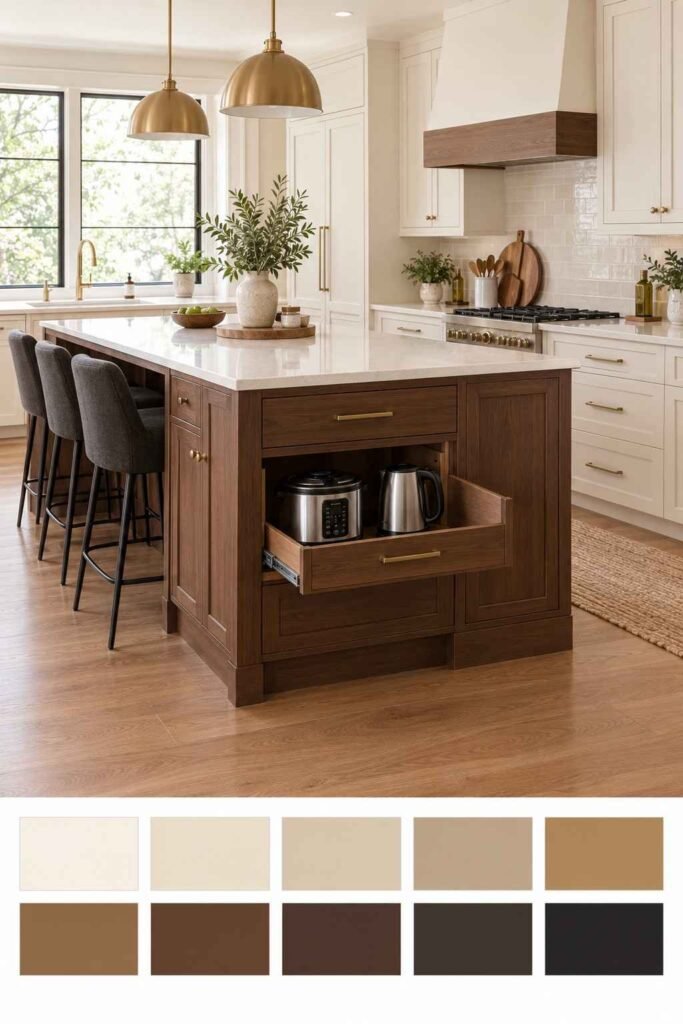 Walnut kitchen island with roll-out tray for a rice cooker, with a ten-color palette strip below
