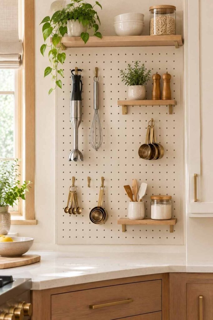 Kitchen pegboard wall with hooks for a hand blender, whisk and measuring cups