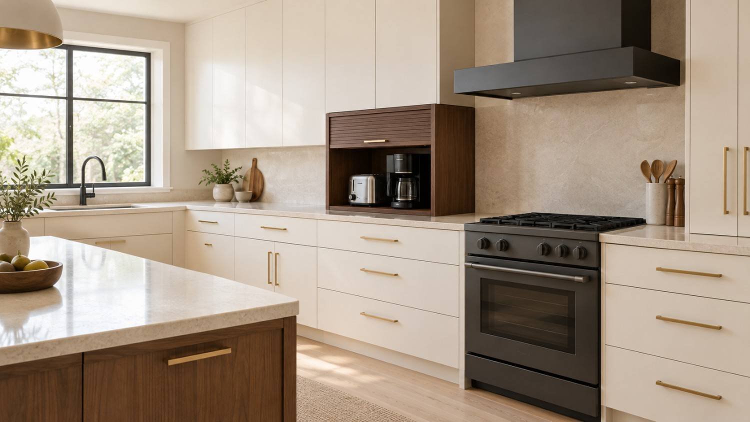 Warm neutral kitchen with appliance garage and clear counters