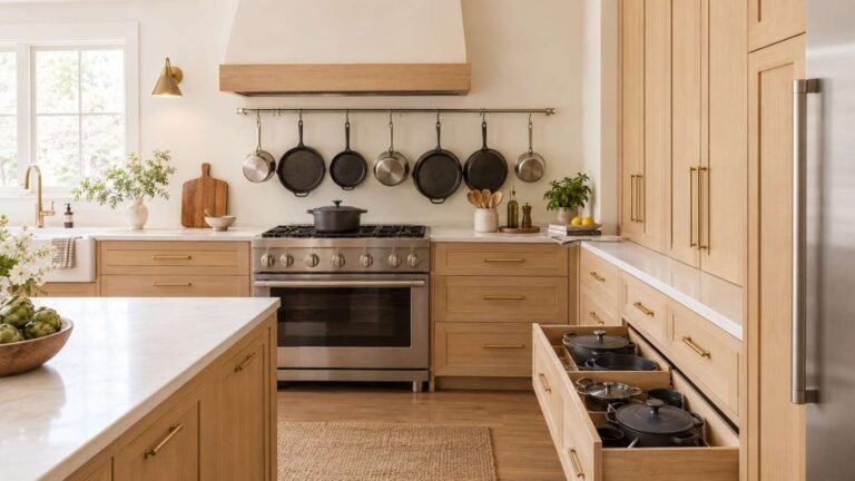Kitchen Storage Ideas Pots and Pans, Warm wood kitchen with hanging pan rail and open deep drawer