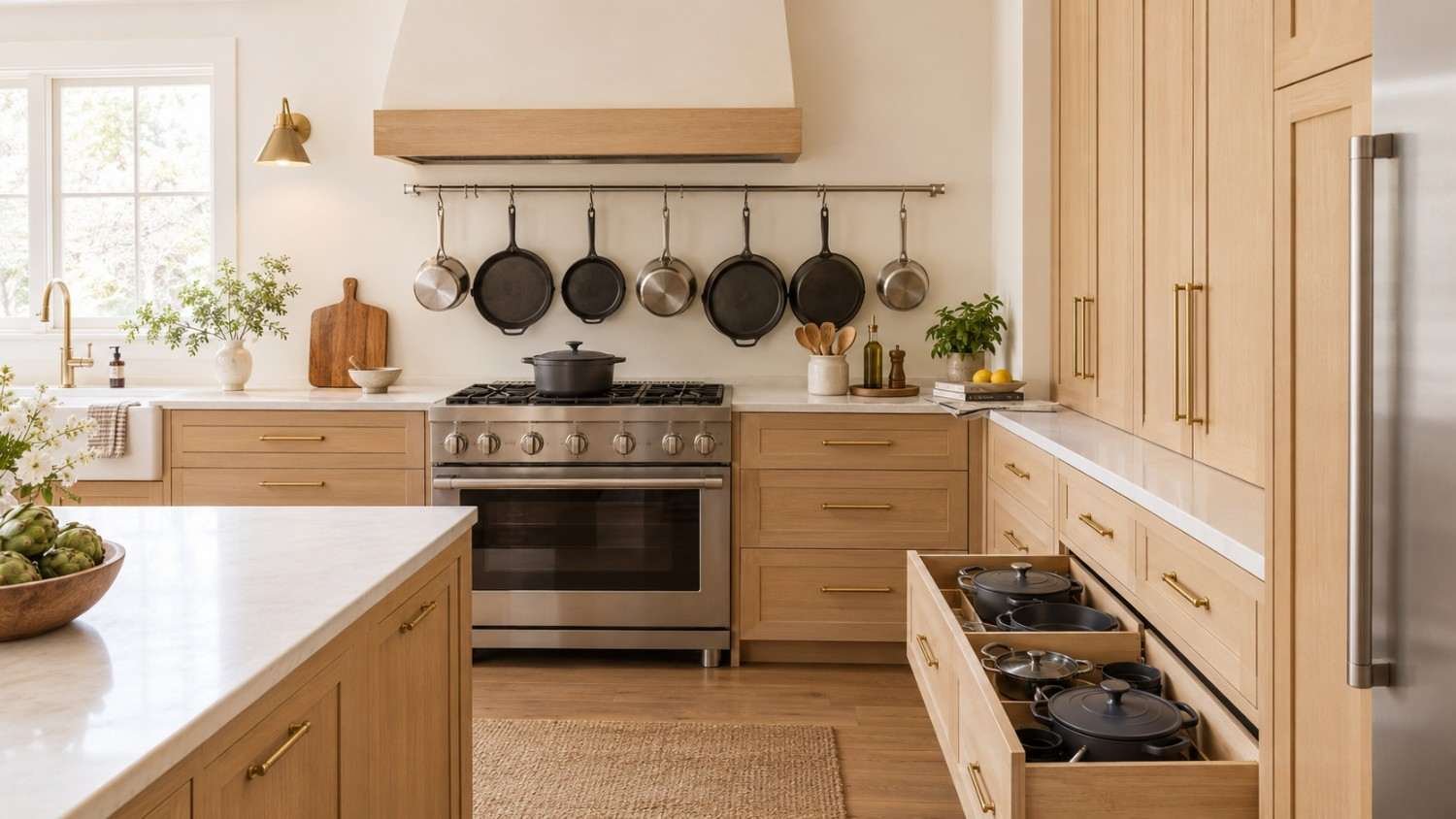 Kitchen Storage Ideas Pots and Pans, Warm wood kitchen with hanging pan rail and open deep drawer