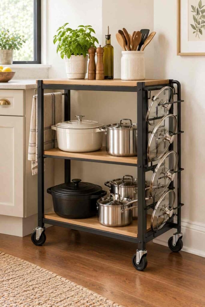 Rolling kitchen cart with pots on lower shelves and lids on a side rail