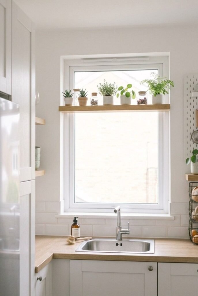 Slim wood shelf above a kitchen window with small plants and glass jars in daylight