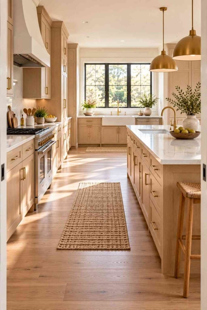 Open kitchen layout with a clear walkway between the island and counters.